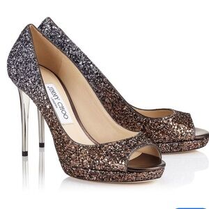 Jimmy Choo Glitter Peep-Toe Heels - Black and Brown